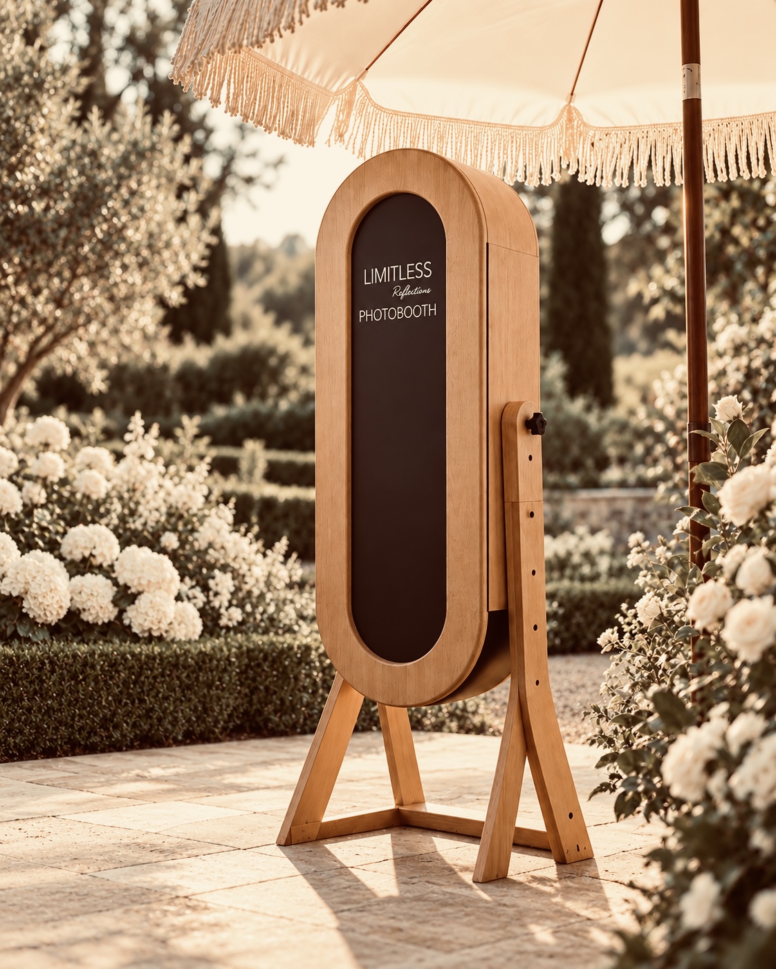 Limitless Reflections photobooth beneath a fringed umbrella in a warm garden setting