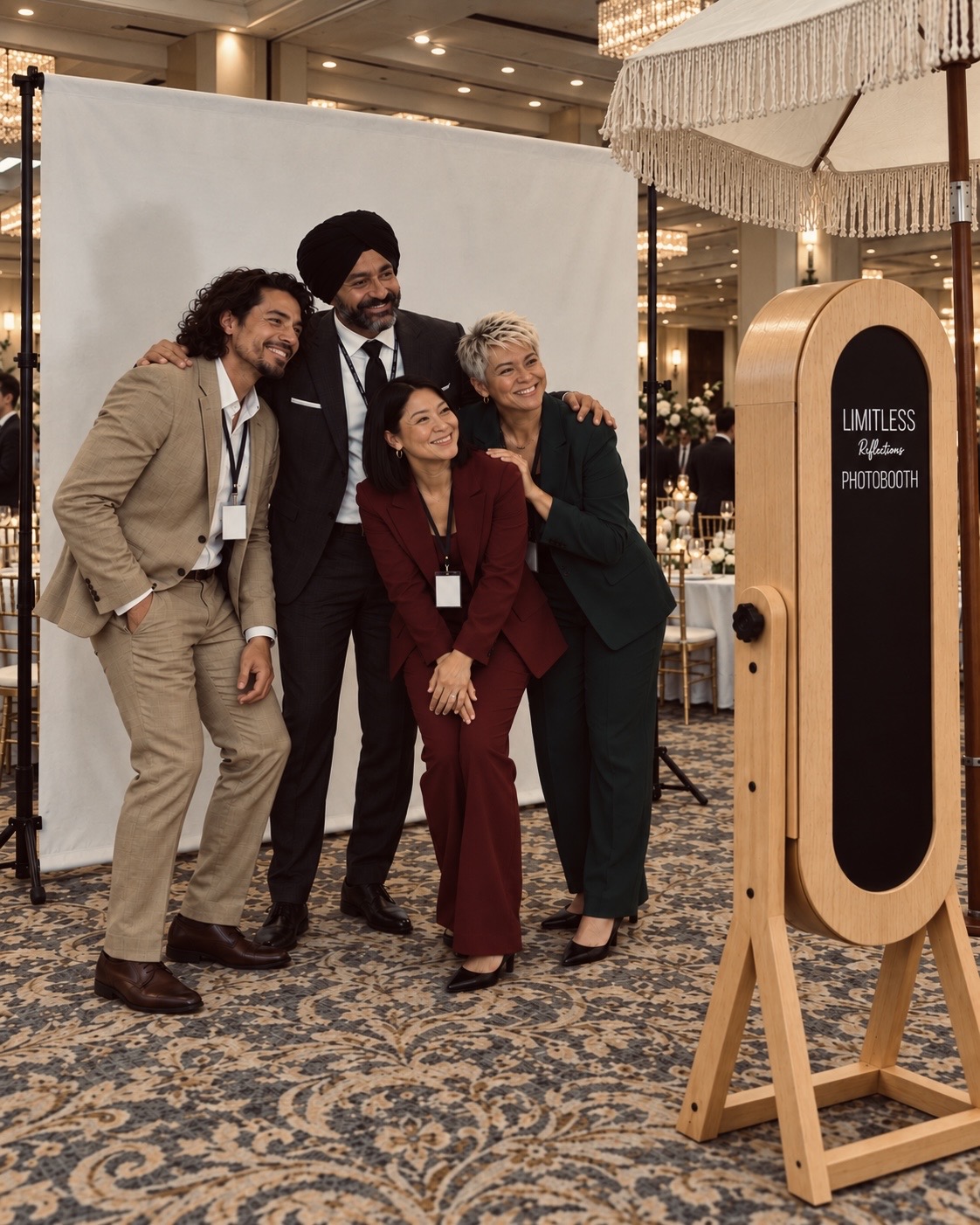 Guests posing at the Limitless Reflections mirror photobooth in a ballroom.