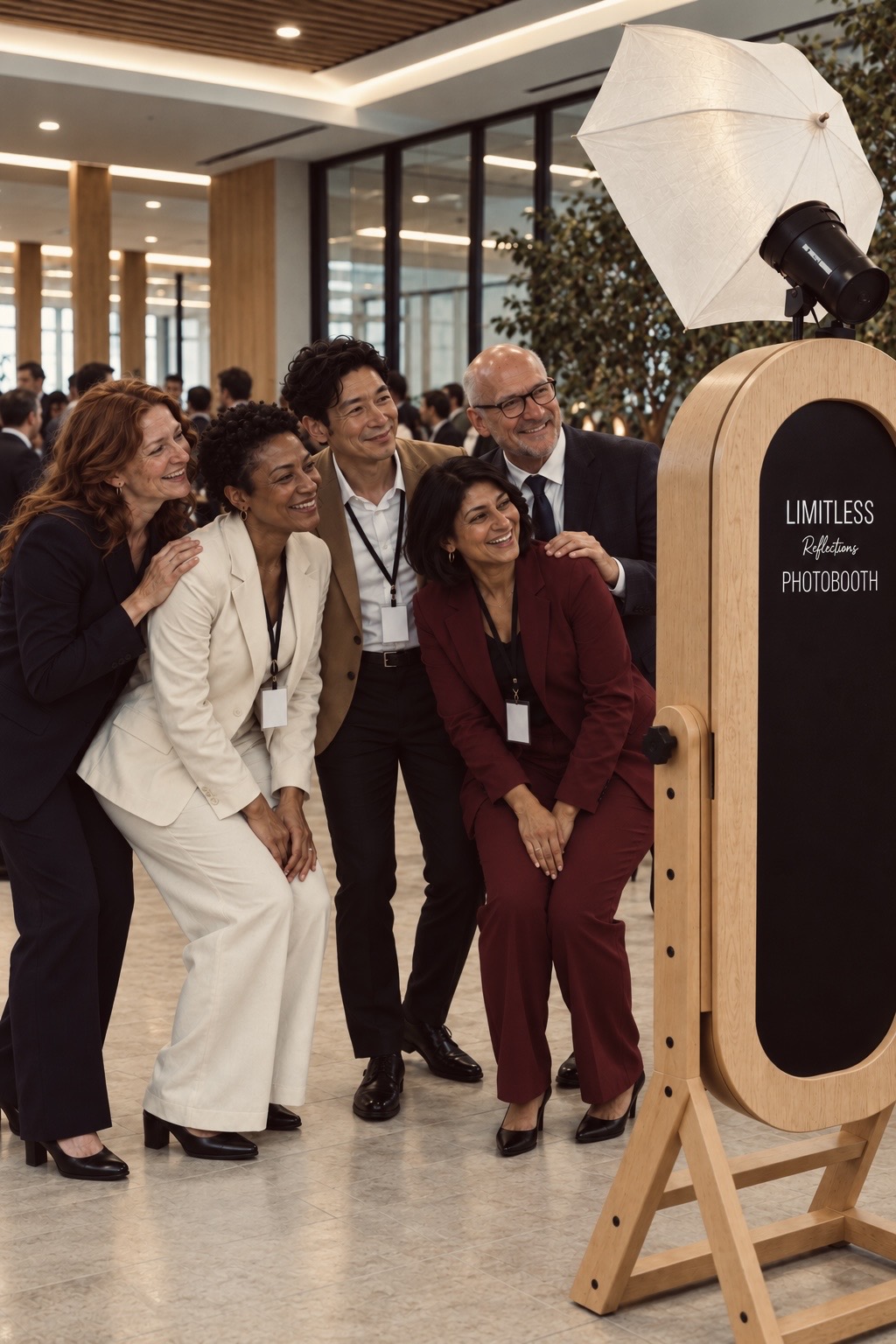 Corporate event guests posing together beside the Limitless Reflections mirror photobooth.