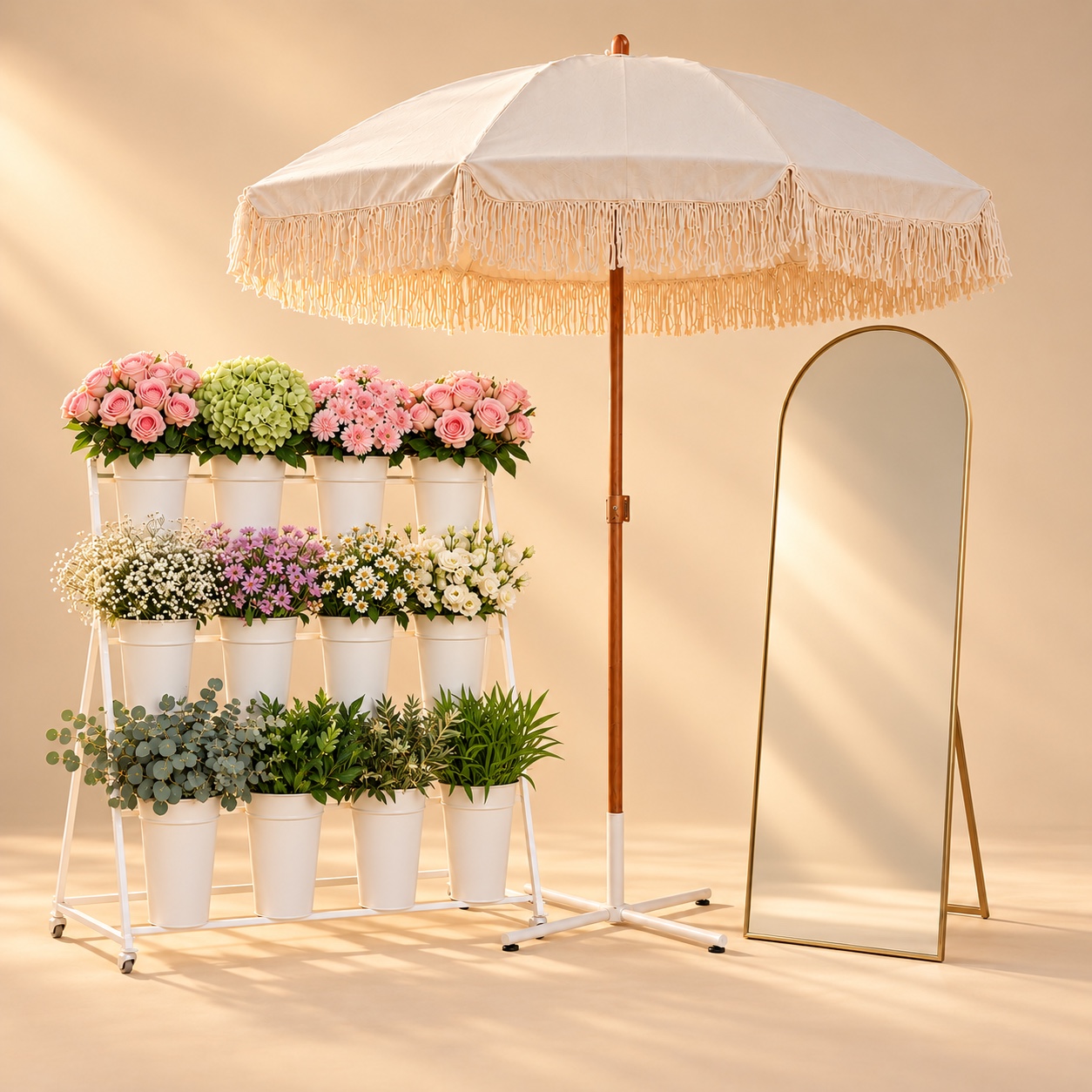 Flower bar with blooms and greenery beside a fringed umbrella and mirror